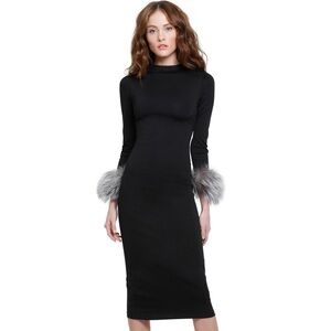ALICE + OLIVIA Delora Fox Fur Cuff Sleeve Black Midi Dress Size 2